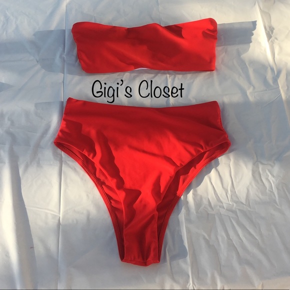 Bandeau Bikini High Waisted RED - Picture 2 of 8